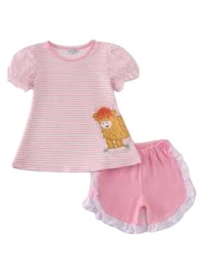 Abby & Evie Pink Striped Top Highland Cow Appliqué & Ruffled Shorts NWT 12mths